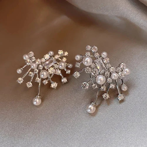 14K Plated Fireworks Zircon Pearl Earrings for Women's Evening Party
