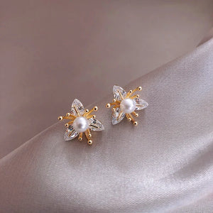 Copper Zircon Three Petal Flower Earrings Pearl Daily Wild Earrings