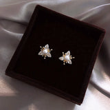 Copper Zircon Three Petal Flower Earrings Pearl Daily Wild Earrings