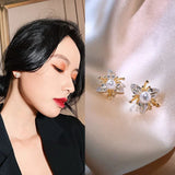 Copper Zircon Three Petal Flower Earrings Pearl Daily Wild Earrings
