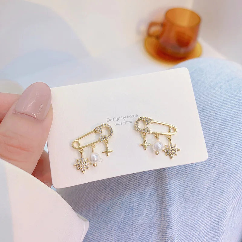 Copper Zircon Pin & Star Pearl Earrings