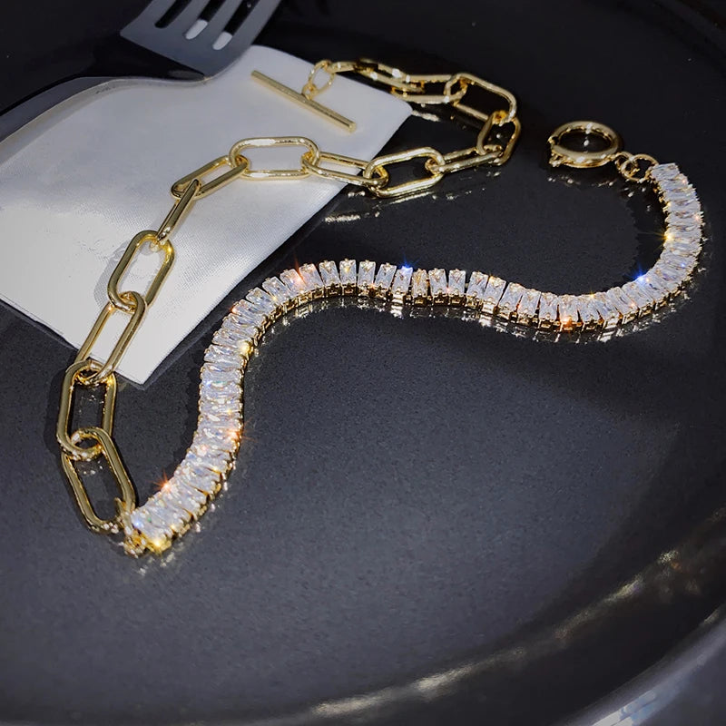 Asymmetric Copper Zircon Short Necklace, OT Buckle, Thick Chain Jewelry