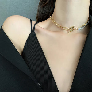 Asymmetric Copper Zircon Short Necklace, OT Buckle, Thick Chain Jewelry