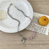 Geometric Heart Necklace Pink Cat Eye Stone Beads
