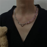 Geometric Heart Necklace Pink Cat Eye Stone Beads