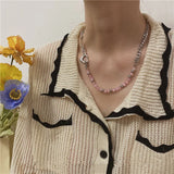 Geometric Heart Necklace Pink Cat Eye Stone Beads