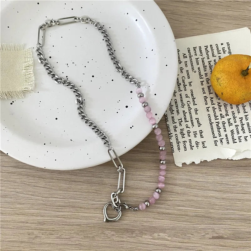 Geometric Heart Necklace Pink Cat Eye Stone Beads