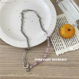 Geometric Heart Necklace Pink Cat Eye Stone Beads