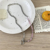 Geometric Heart Necklace Pink Cat Eye Stone Beads