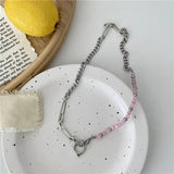 Geometric Heart Necklace Pink Cat Eye Stone Beads