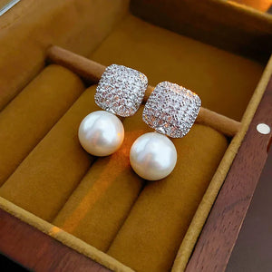 Korean-style Zircon Square Pearl Stud Earrings Crystal Party Jewelry