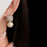 Korean-style Zircon Square Pearl Stud Earrings Crystal Party Jewelry