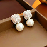 Korean-style Zircon Square Pearl Stud Earrings Crystal Party Jewelry