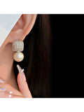 Korean-style Zircon Square Pearl Stud Earrings Crystal Party Jewelry