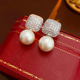 Korean-style Zircon Square Pearl Stud Earrings Crystal Party Jewelry