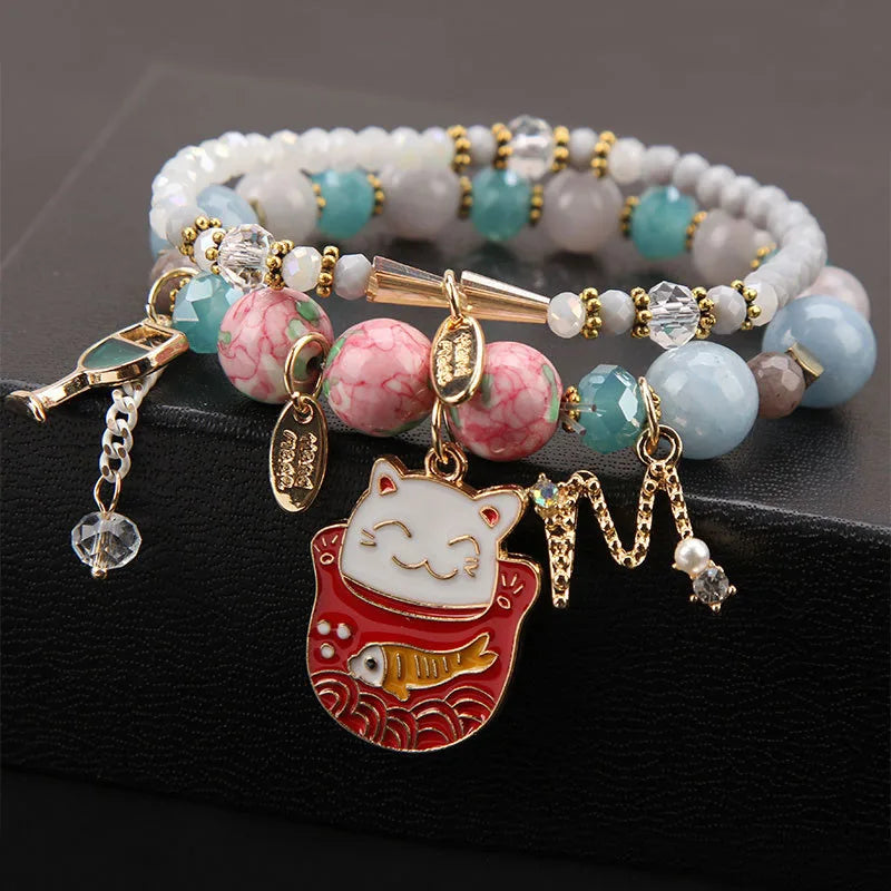 Crystal Lucky Cat Pendant Bracelet Women's Jewelry