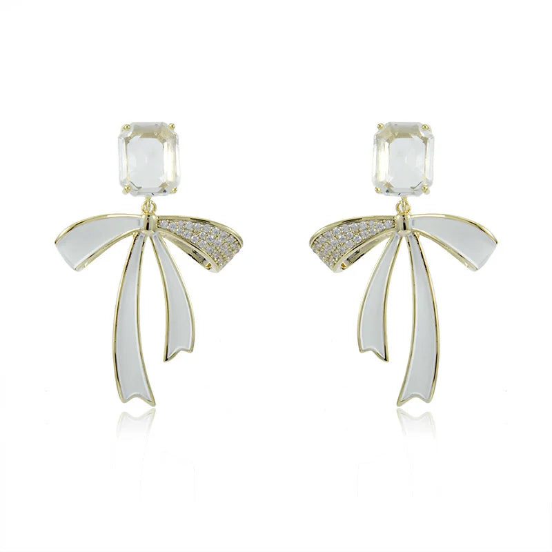 Sweet Ribbon Bow Lady Earrings Brass Micro-Inlaid Jewelry