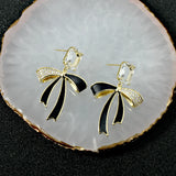 Sweet Ribbon Bow Lady Earrings Brass Micro-Inlaid Jewelry