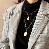 Bear Square Letter Pendant Necklace, Stainless Steel Sweater Chain