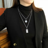 Bear Square Letter Pendant Necklace, Stainless Steel Sweater Chain
