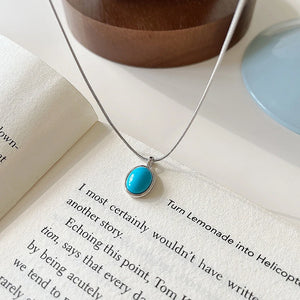 S925 Sterling Silver Oval Turquoise Snake Bone Necklace