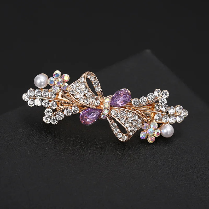 Retro Crystal Flower Spring Clip Hairpin Bow Hairpin