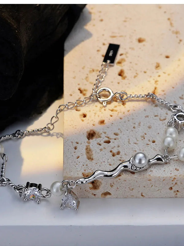 S925 Sterling Silver Shell Beads Bracelet with Zircon Sparkle