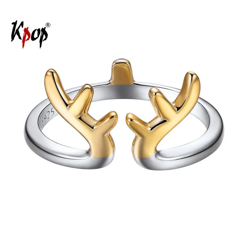925 Silver Deer Horn Animal Love Cat Adjustable Ring R6250