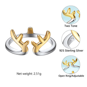 925 Silver Deer Horn Animal Love Cat Adjustable Ring R6250