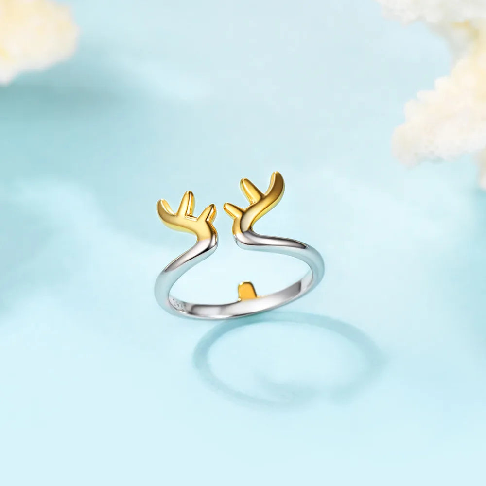 925 Silver Deer Horn Animal Love Cat Adjustable Ring R6250