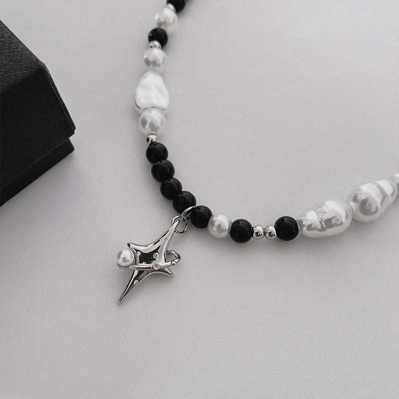 Kpop Asymmetric Pearl Star Necklace Choker