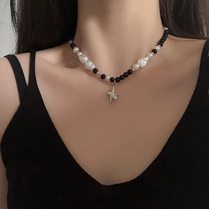 Kpop Asymmetric Pearl Star Necklace Choker