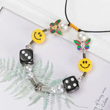 Kpop Rope Necklace for Men Dice Skull Pearl Yellow Smiley Face Butterfly