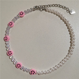 Vintage Pink Acrylic Resin Fruit Smiley Heart Pearl Beaded Choker