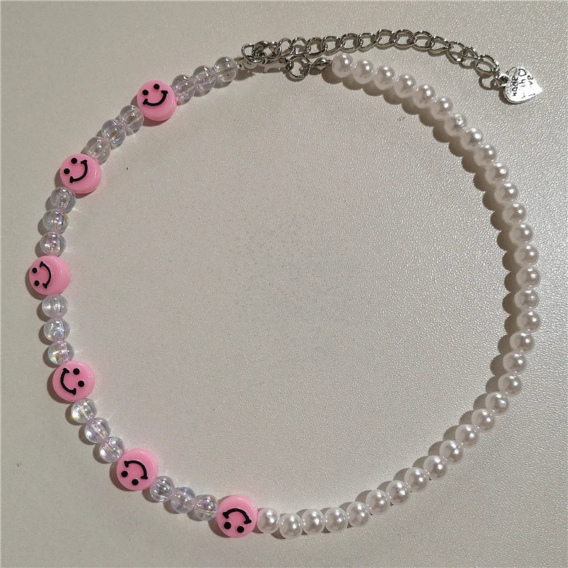 Vintage Pink Acrylic Resin Fruit Smiley Heart Pearl Beaded Choker