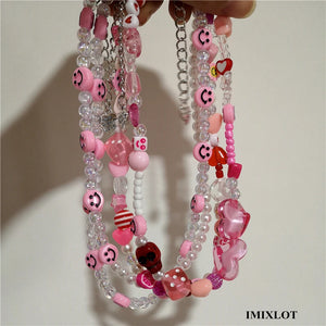 Vintage Pink Acrylic Resin Fruit Smiley Heart Pearl Beaded Choker
