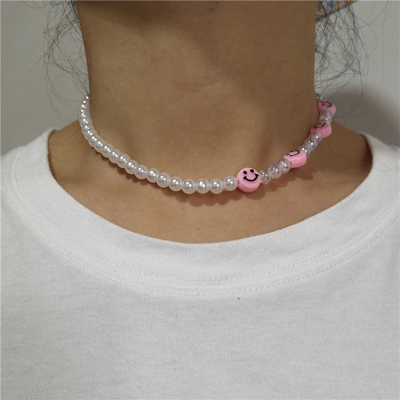 Vintage Pink Acrylic Resin Fruit Smiley Heart Pearl Beaded Choker