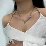 Kpop Goth Pink Purple Heart Cross Star Pendant Necklace