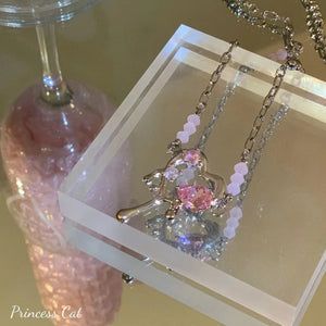 Kpop Gothic Metal Chain Pink Heart Pendant Choker Necklace