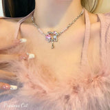 Kpop Gothic Metal Chain Pink Heart Pendant Choker Necklace