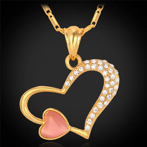Vintage Opal Heart Pendant Necklace with Rhinestone Charms