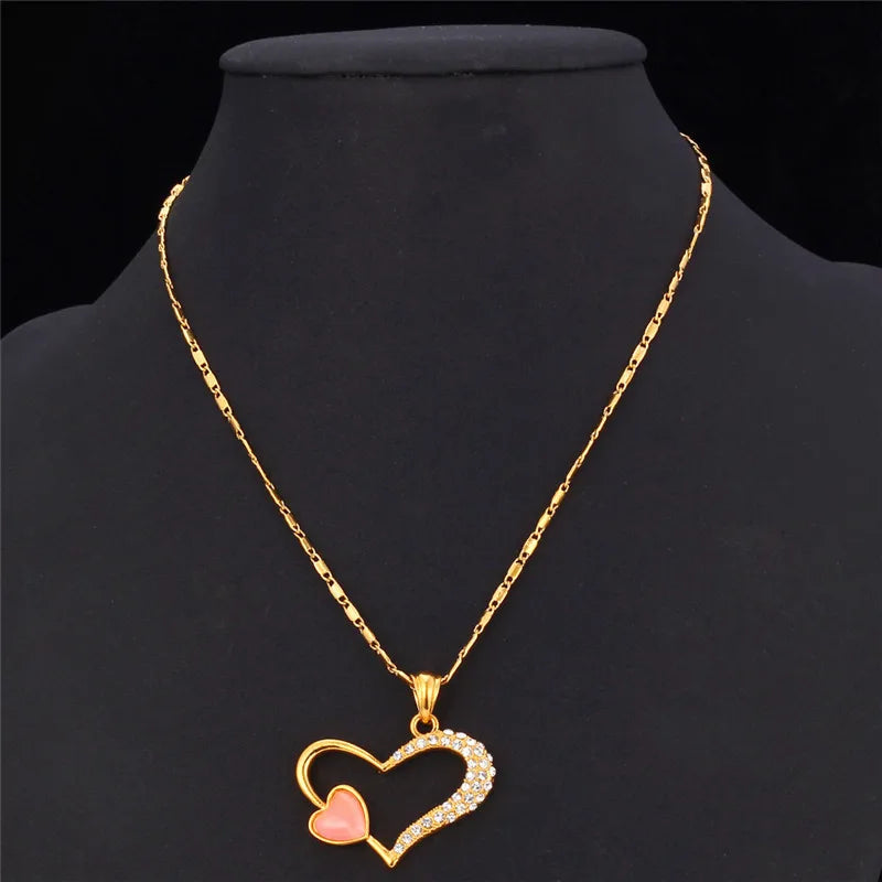 Vintage Opal Heart Pendant Necklace with Rhinestone Charms