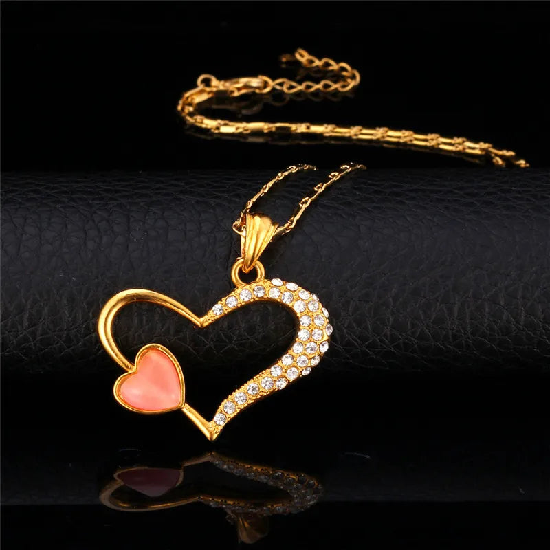 Vintage Opal Heart Pendant Necklace with Rhinestone Charms