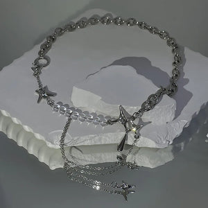 Kpop Irregular Star Chain Necklace Y2K Crystal Beads Tassel Heart Choker