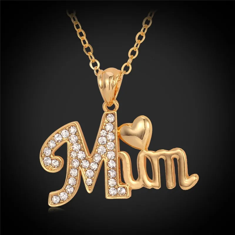 Love Mum Pendant Charms Gold/Silver Necklace Rhinestone Women Jewelry
