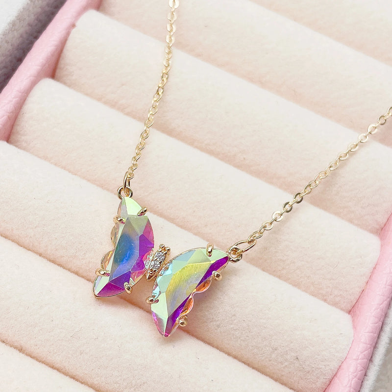 Colorful Crystal Butterfly Pendant Necklace for Women's Cocktail Party