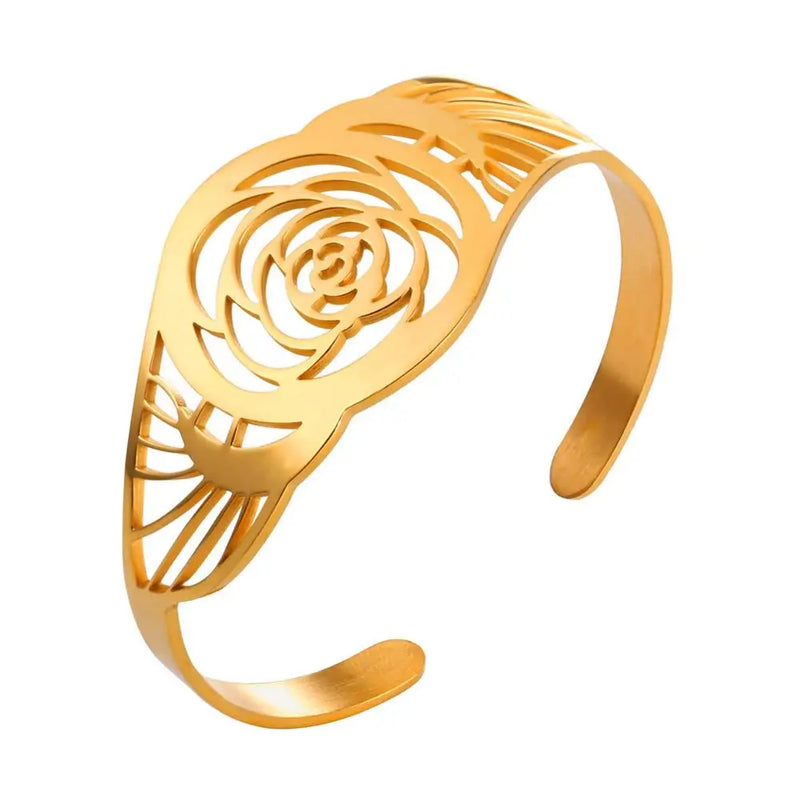 Stainless Steel Hollow Rose Flower Bangle Bracelet For Women Jewelry