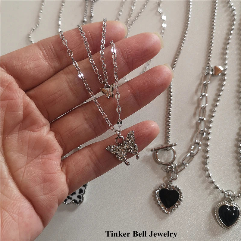 Vintage Goth Butterfly Heart Necklace Y2K Harajuku Jewelry