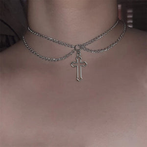 Kpop Women Neck Chain Cross Choker Necklaces Double Layer Pendant