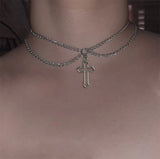 Kpop Women Neck Chain Cross Choker Necklaces Double Layer Pendant